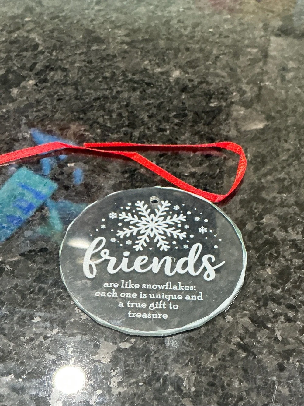Clear Acrylic 'Friends' Snowflake Ornament with Red Ribbon
